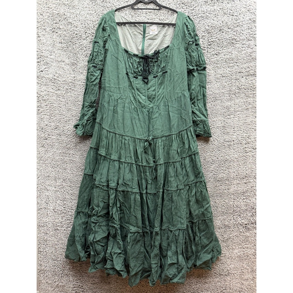 NWOT Linennaive Queena 22 Empired Maxi Linen Dress Dark Forest Green Size XL/2X
